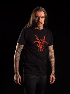 Unisex black T-shirt with red print on front. 100% cotton.